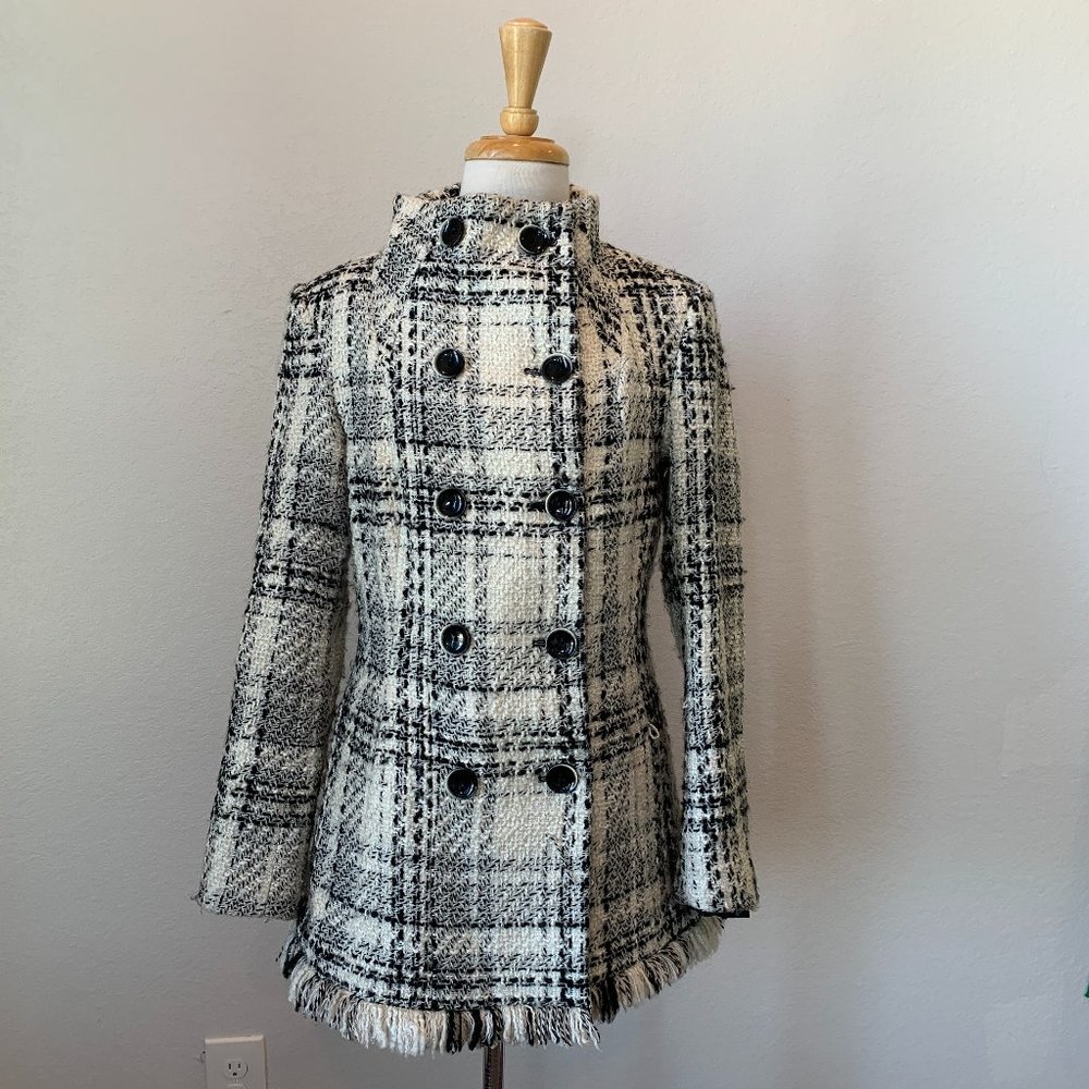 Zara Black and White Tweed Coat Jacket Size Medium